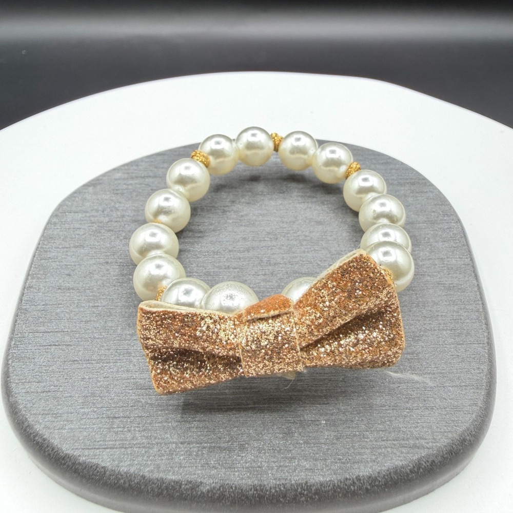 Faux Pearl Gold Tone Glitter Bow Bead Stretch Bracelet Statement Costume Jewelry